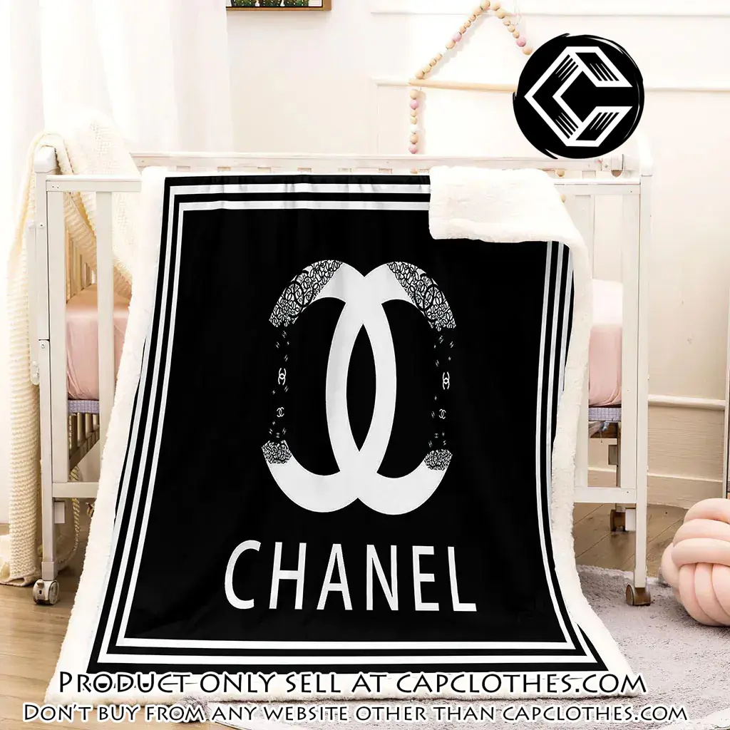 Chanel white logo black luxury brand premium blanket fleece home decor cc4404459